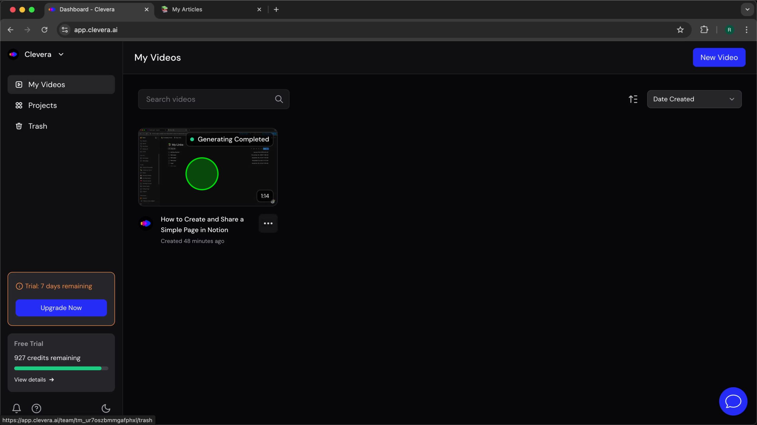 My Videos page with "How to Create and Share a Simple Page in Notion" highlighted